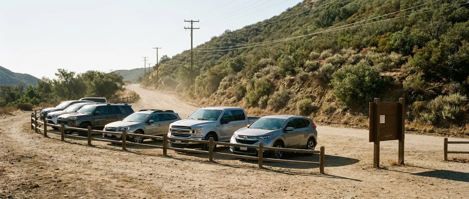 A dirt trailhead pullout in the mountains above Los Angeles with cars parked against a wooden rail and chaparral rising behind