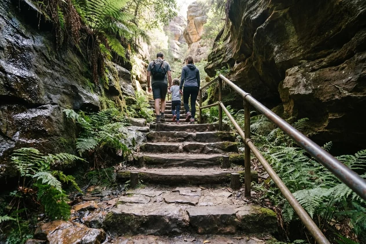 Rough stone and log steps built into a canyon trail with a family climbing them past ferns and wet rock