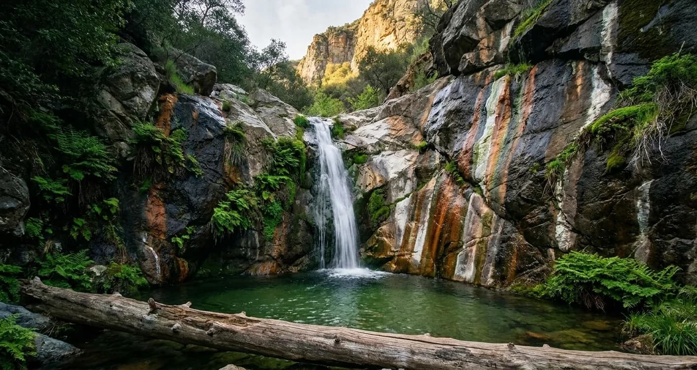 A narrow Southern California canyon waterfall dropping into a shallow green pool between dark wet rock walls streaked with mineral colour