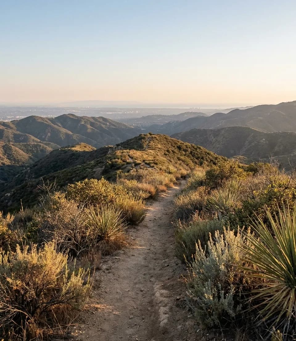 A dusty ridge trail running through chaparral above Los Angeles, hills receding into haze and a sliver of ocean on the horizon