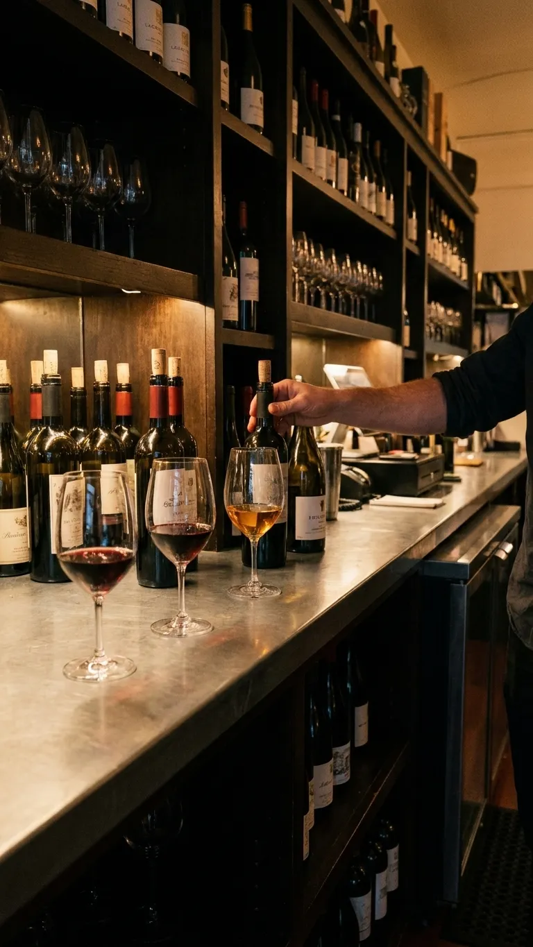 Three tasting glasses of different wines lined up on a zinc bar top with open bottles standing behind under warm low light