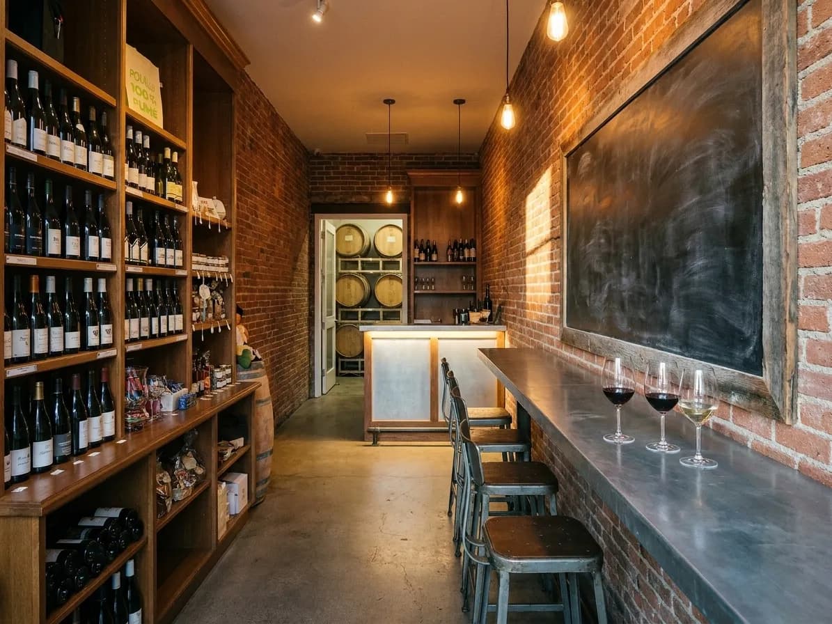 A narrow brick-walled urban tasting room in Los Angeles at early evening, with racked bottles along one wall, three partly filled glasses on a zinc bar and oak barrels visible through a doorway at the back
