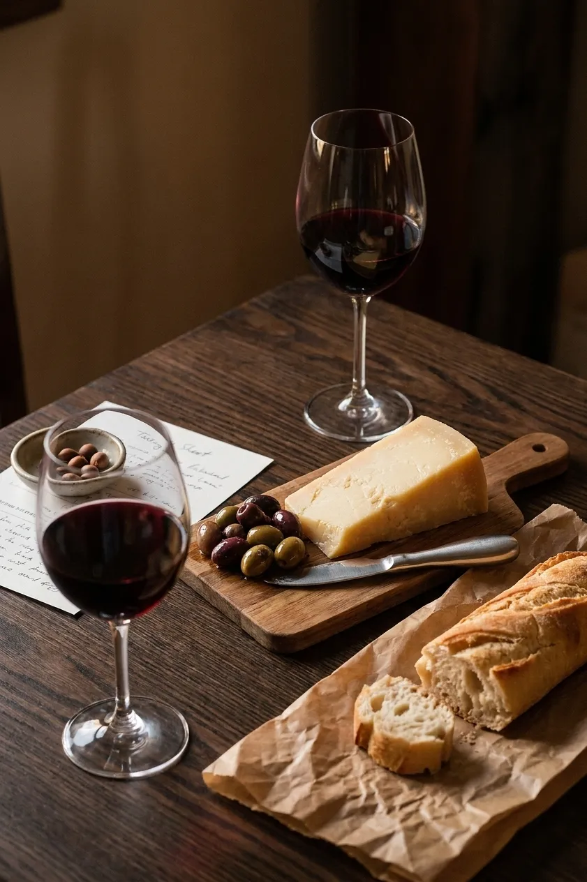 A corner of a tasting-room table in warm low light with two glasses of red, a wooden board of hard cheese and olives, torn baguette on paper and a handwritten tasting sheet