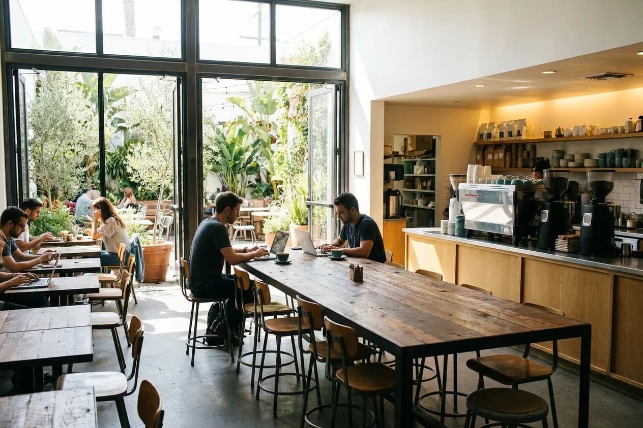 A spacious Los Angeles cafe with a long communal table, a window wall and a plant-filled patio visible through glass doors
