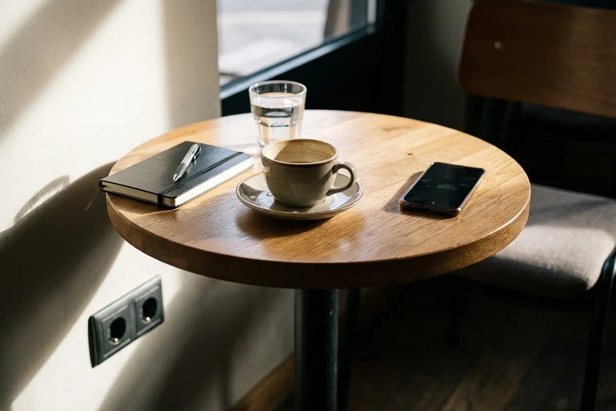 A cafe table from above with a ceramic cup, a closed notebook, a phone face down and a plug socket visible on the wall
