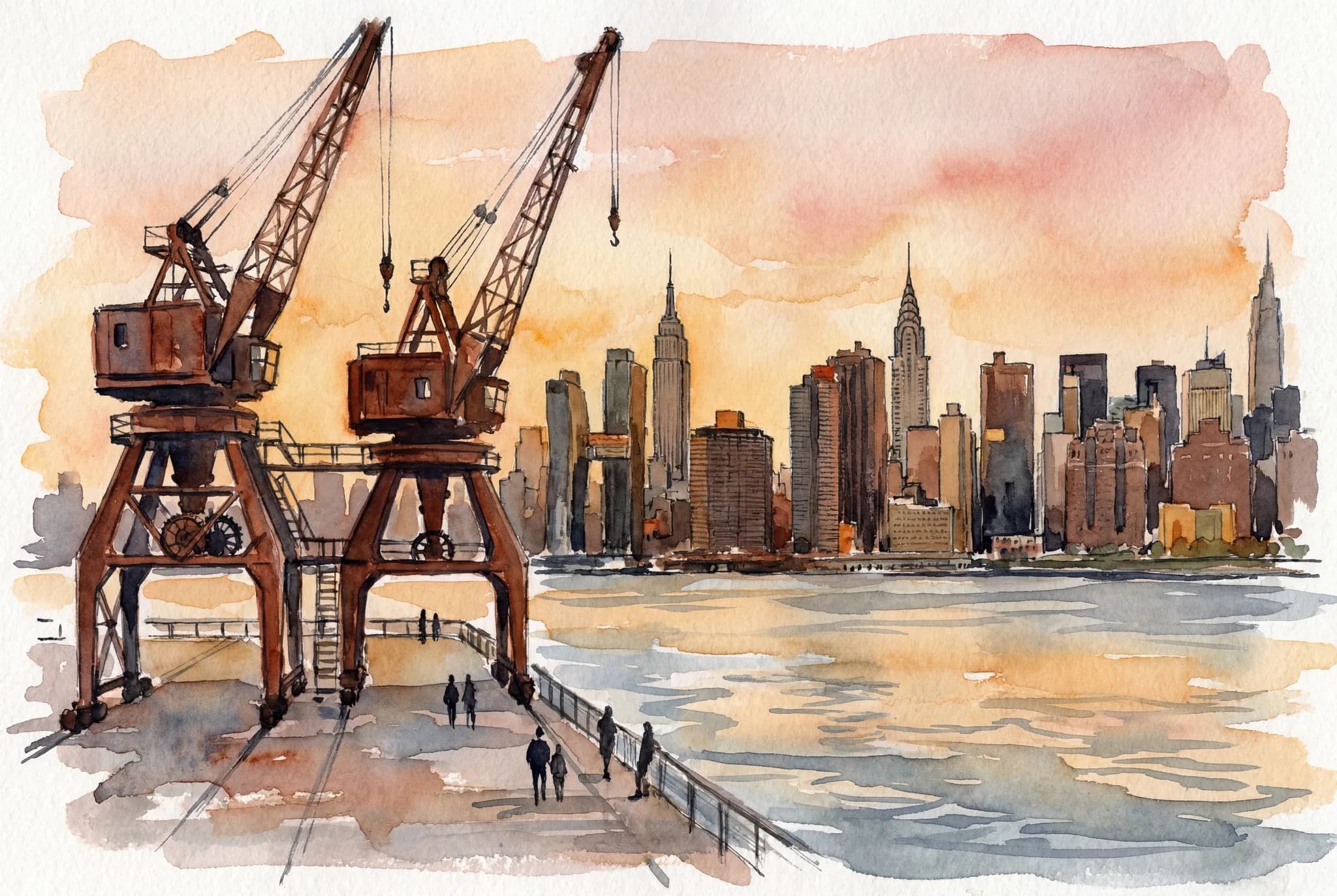 AI-generated watercolor: two restored industrial gantry cranes on a Queens waterfront pier at golden hour, Chrysler Building and Empire State Building skyline reflected in the East River below, silhouetted walkers on the promenade