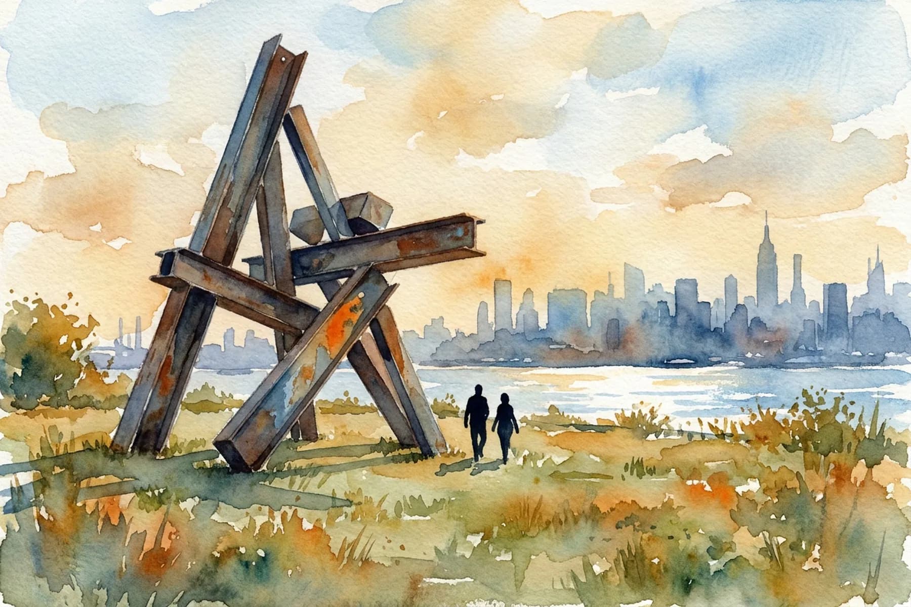 AI-generated watercolor: Socrates Sculpture Park in Long Island City, a large abstract steel sculpture standing in an open riverside lawn, the East River and Manhattan skyline in the background, two silhouetted figures walking past