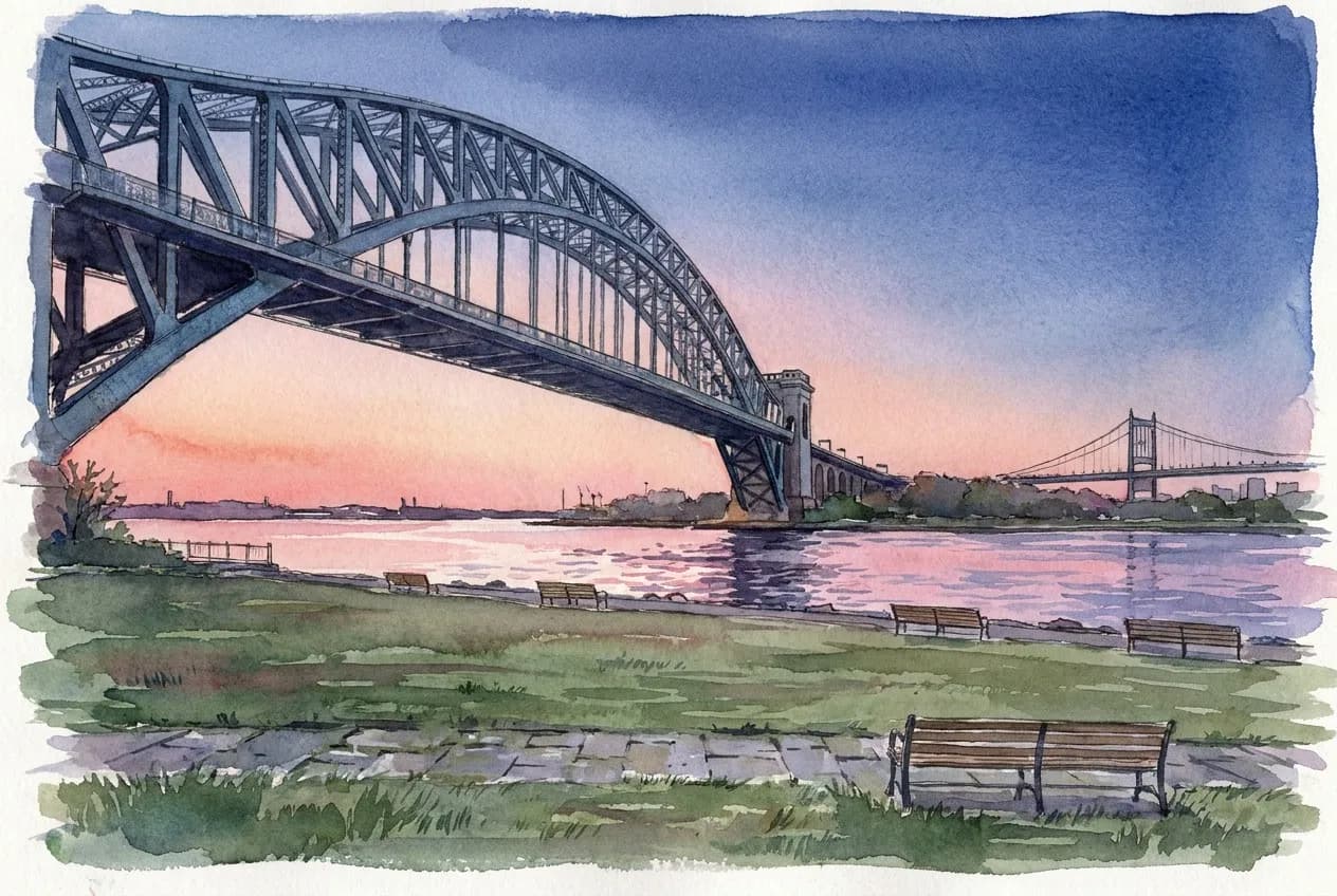 AI-generated watercolor: Astoria Park at dusk, the Hell Gate steel arch bridge dominating the left with blue-grey tones, pink-purple dusk light reflecting on the East River, the RFK Bridge visible in the distance to the right, empty waterfront benches in the foreground