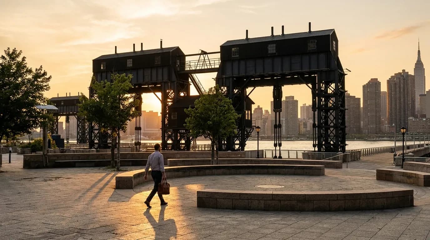 Gantry structures and the Manhattan skyline at golden hour in Long Island City.