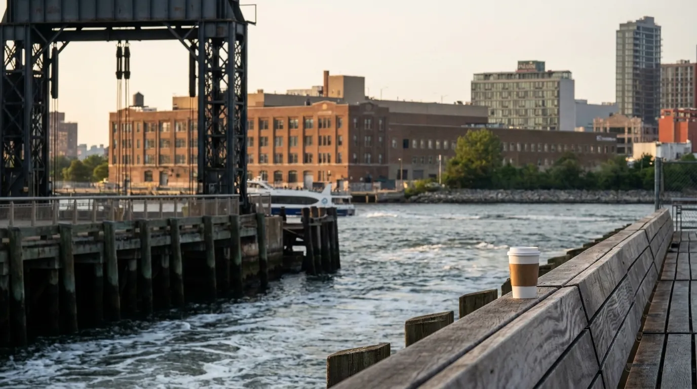 A takeaway drink beside the industrial waterfront and moving East River water.