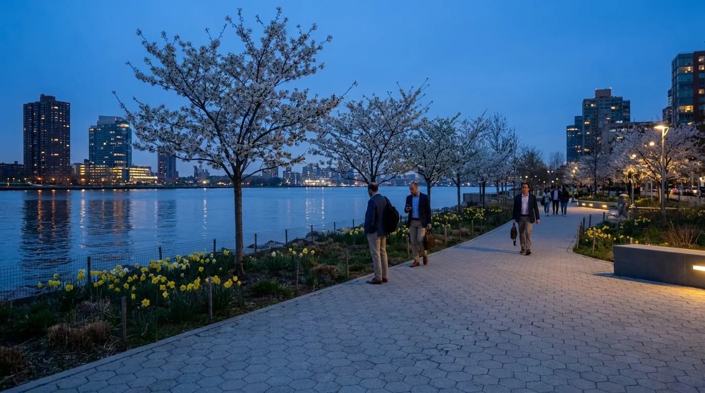 The planted waterfront path at Hunters Point South during blue hour.