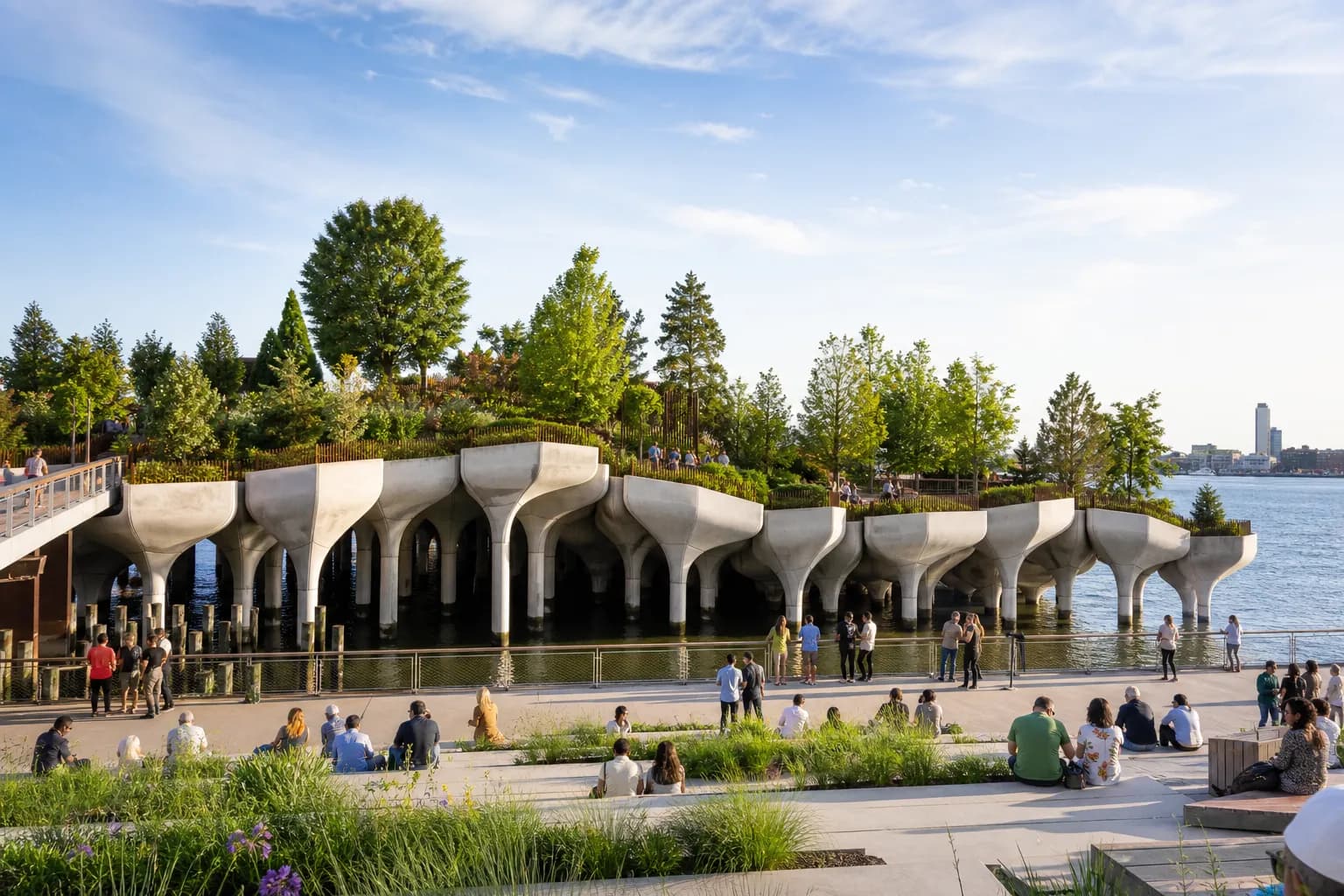 A bright Little Island-inspired Hudson River park scene