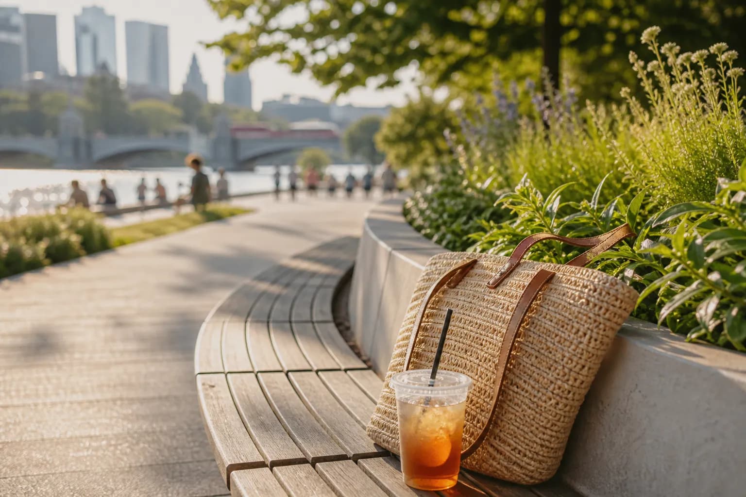 A refined close-up of curved park seating and summer greenery