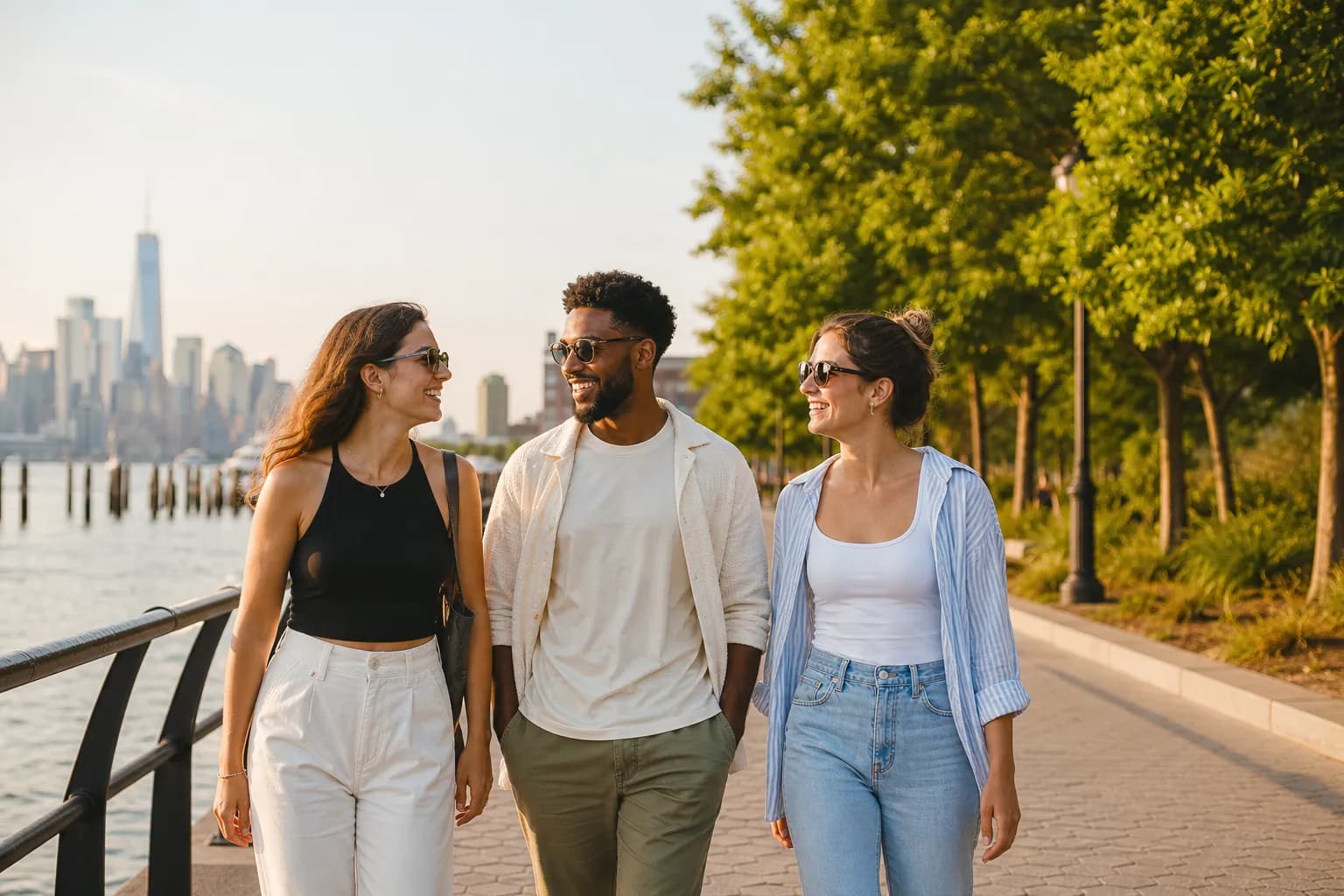 Friends walking along a Hudson-side path after a shade break