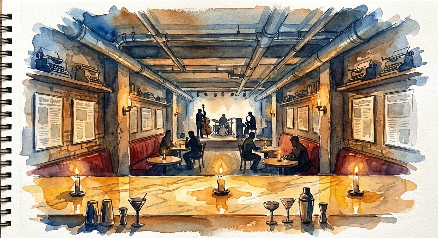 AI-generated watercolor: subterranean 1950s press room turned cocktail bar with marble bar top in amber candlelight, framed newspaper pages on walls, vintage typewriters, red bench seating, and silhouetted jazz musicians on stage at the far end