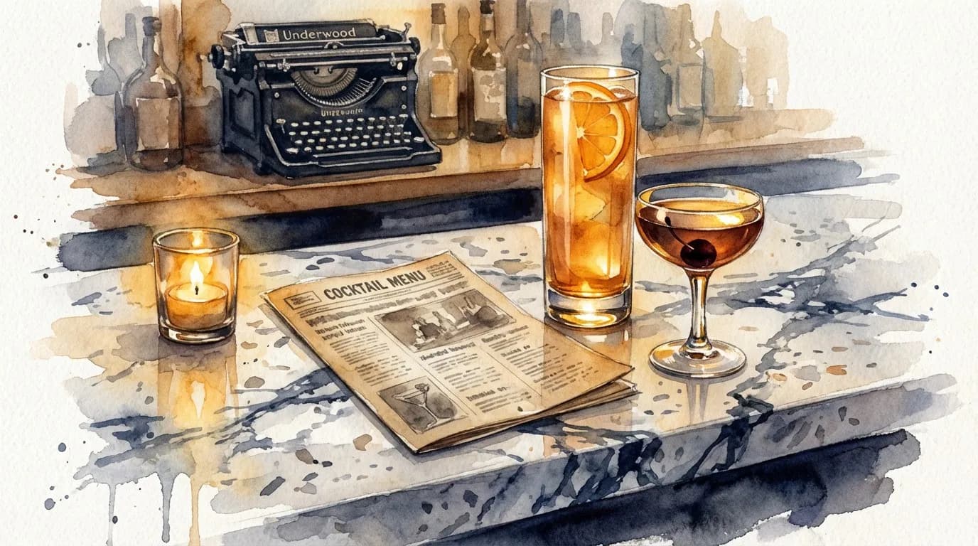 AI-generated watercolor: close-up still life on a marble bar top with warm grey veining, a tall Collins cocktail glass with citrus garnish and a short coupe glass with a dark cherry, a cocktail menu designed like a folded newspaper broadsheet, and a soft-focus vintage Underwood typewriter on a shelf behind