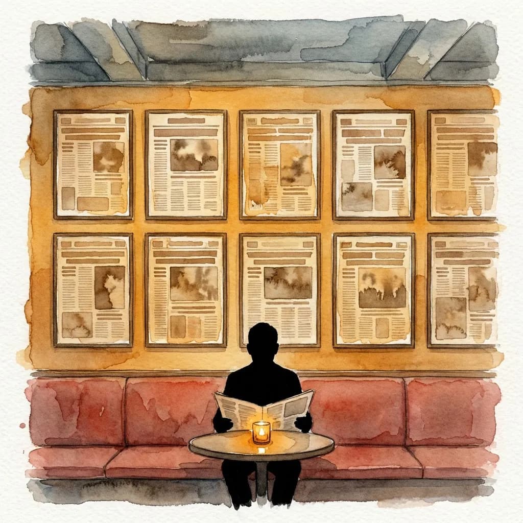 AI-generated watercolor: a corner of the underground bar, upper wall covered with a grid of framed 1960s vintage newspaper front pages, muted brick-red velvet bench seating below, a pure back-facing silhouetted figure seated reading at a small candlelit table, low industrial ceiling in cool shadow grey above