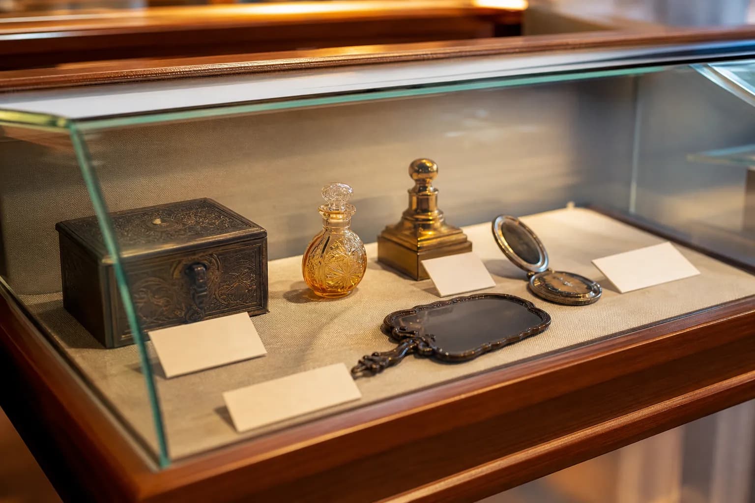 Historic objects in a refined London museum case
