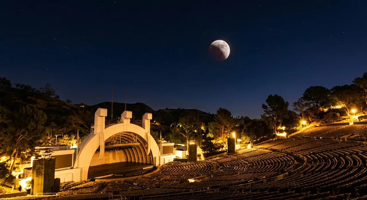 Hollywood Bowl amphitheater at night with partial lunar eclipse visible in clear sky above iconic shell