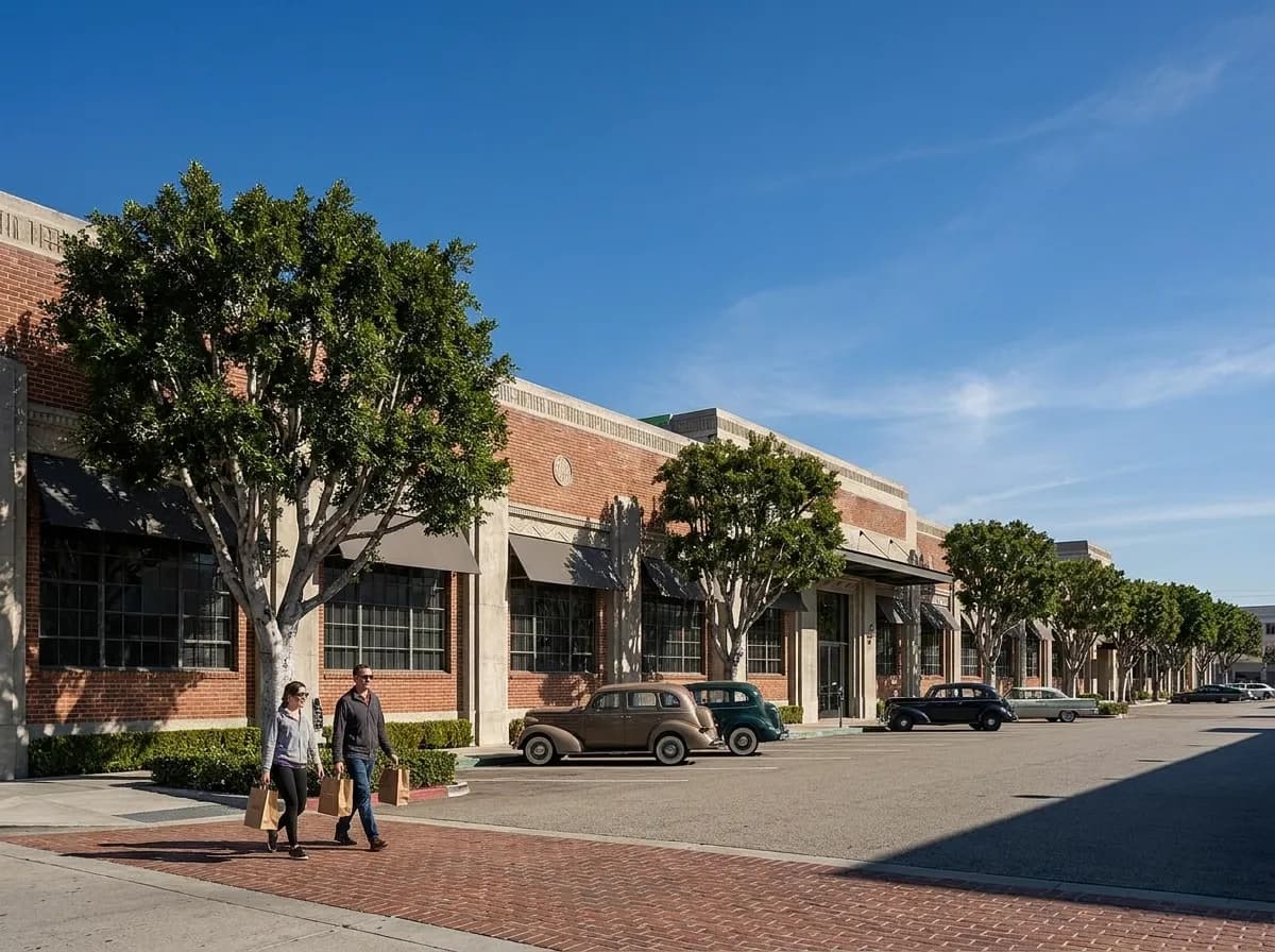 The 1930s brick facade of the Helms Bakery complex in Culver City, Los Angeles, in late-morning light