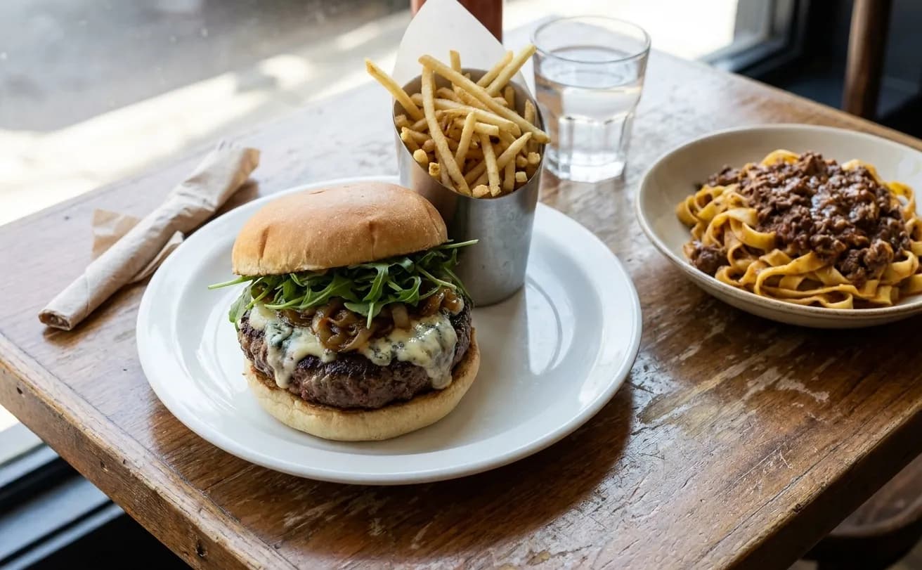 A blue-cheese and caramelized-onion burger with fries beside a bowl of tagliatelle on a wooden table in Culver City