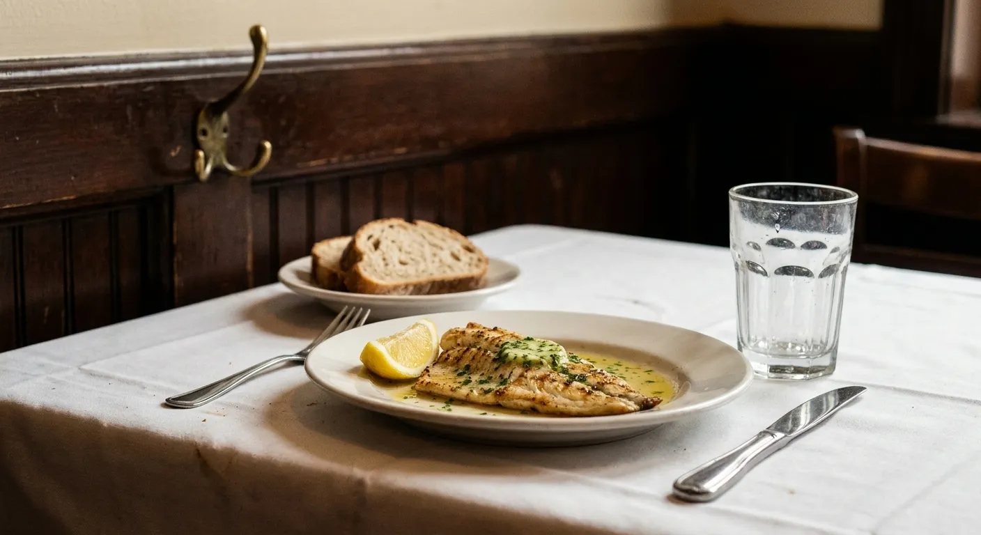 A simply grilled fish fillet with lemon and parsley butter on a white linen table in a dark-panelled old-school seafood grill