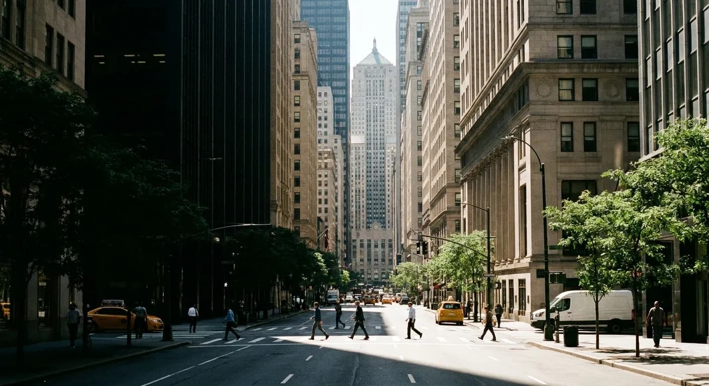 A downtown financial district street at midday, office towers casting a hard diagonal shadow across the roadway as small figures cross at an intersection
