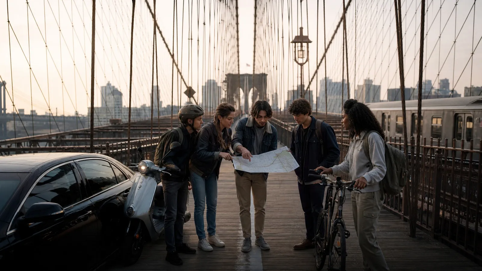 Photorealistic group decision scene showing when to use Karpo and when to use Lyft.