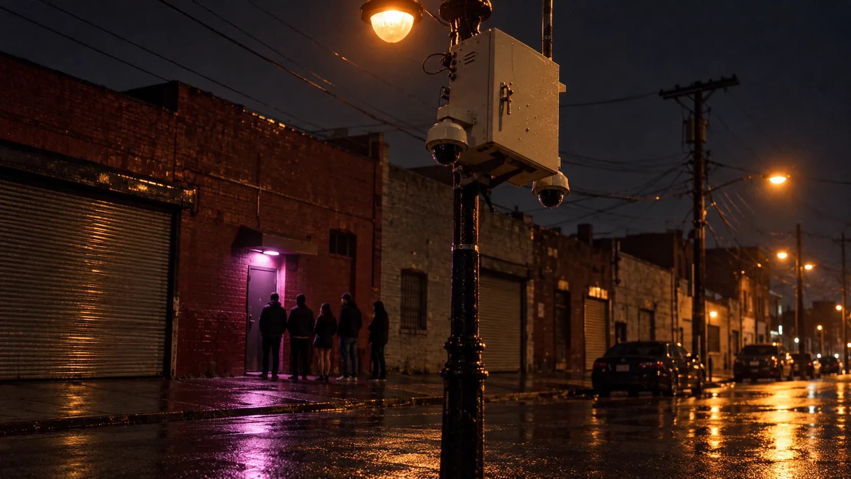 A quiet Bushwick industrial corner at night with one lit doorway