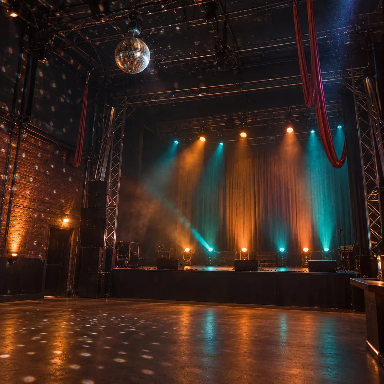 An empty warehouse performance room before doors, mirror ball and rigging overhead