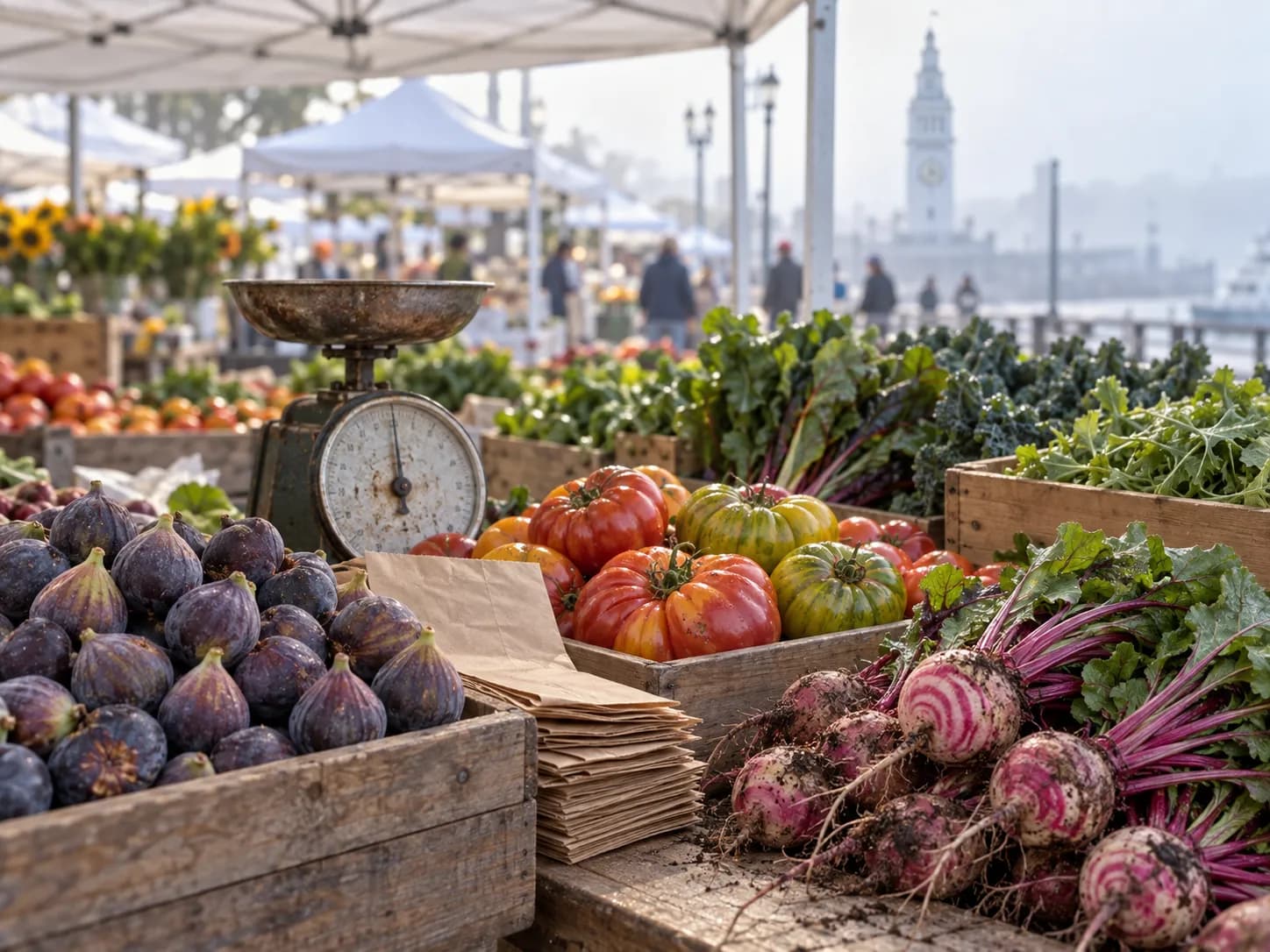 A market table of late-summer California produce under a white canopy