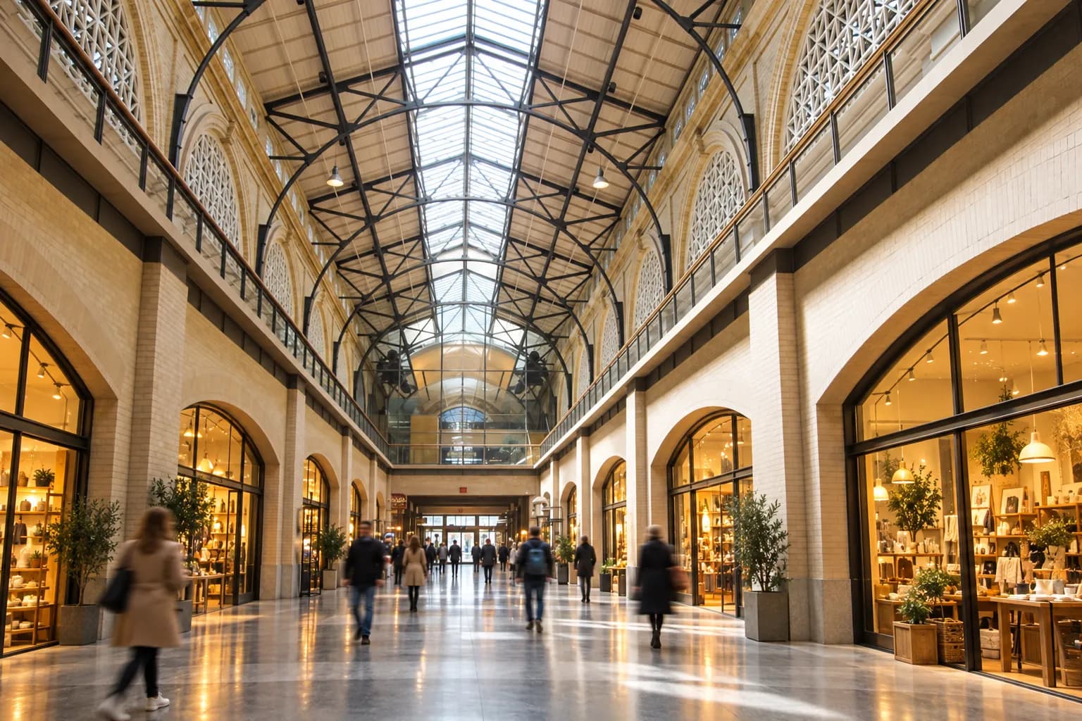 The Ferry Building's central nave under its glass skylight on a weekday morning