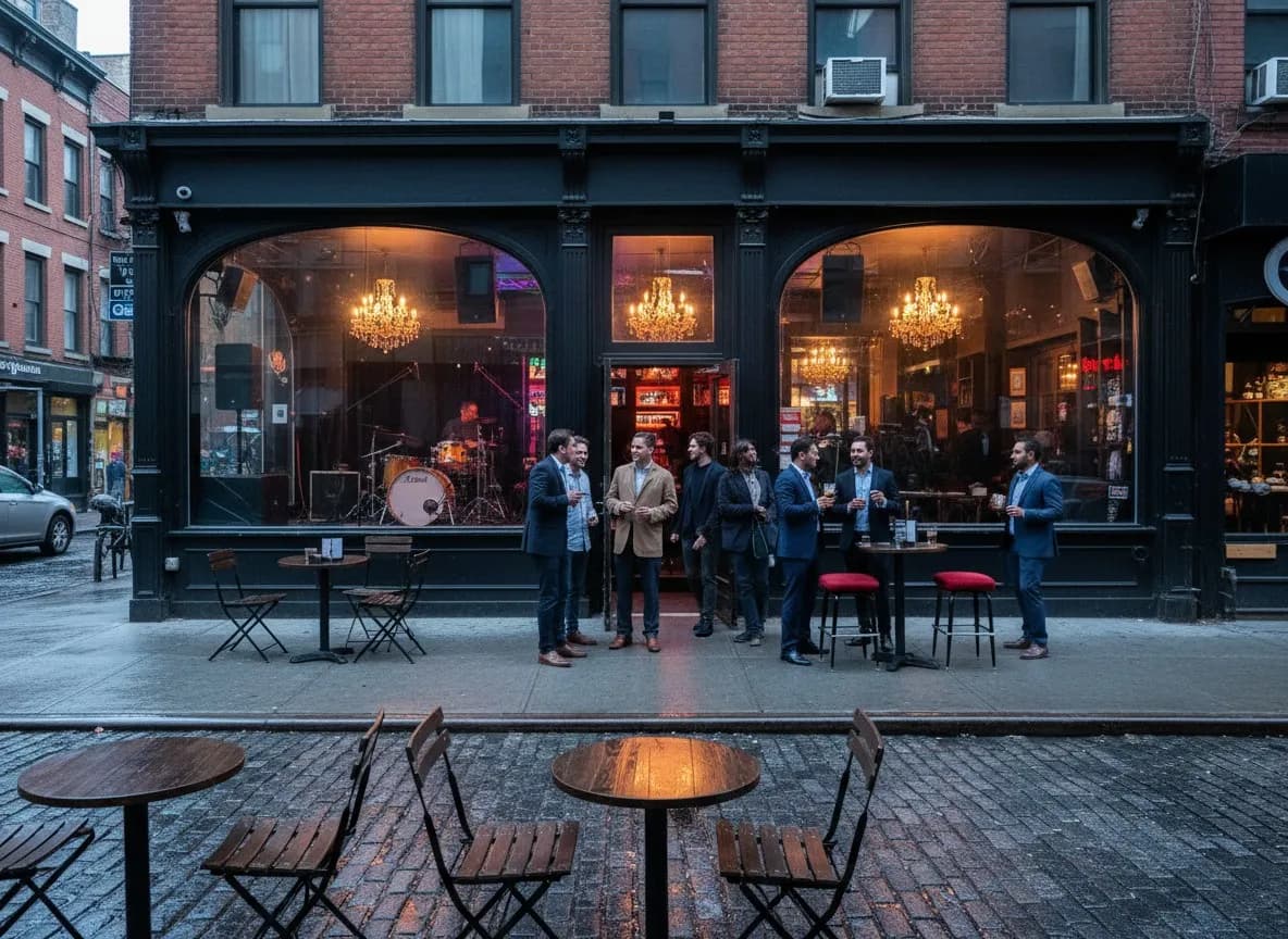 A New York live-music bar exterior at blue hour with people entering.