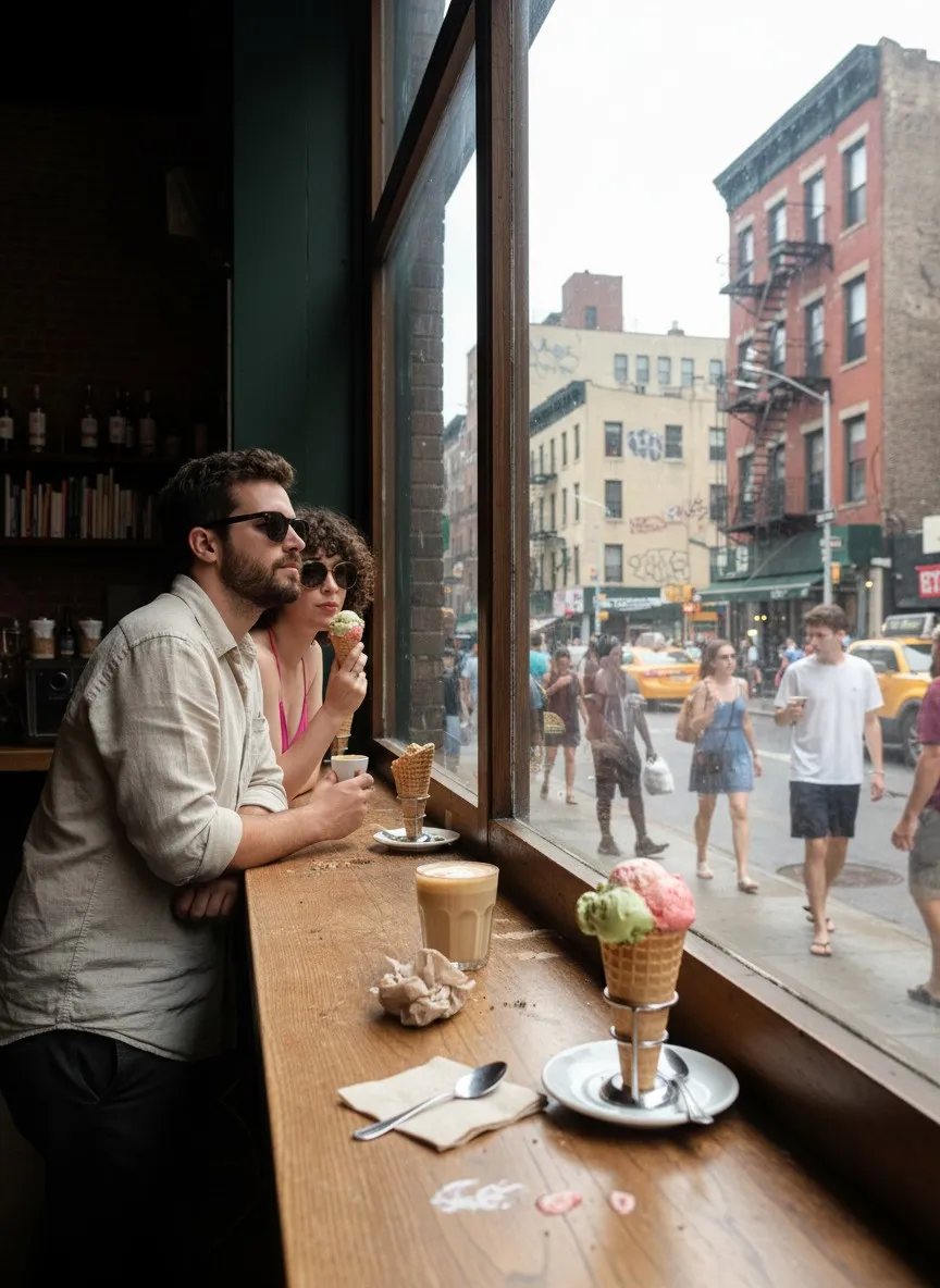 A New York cafe and ice cream counter with espresso cups and cones in summer light.