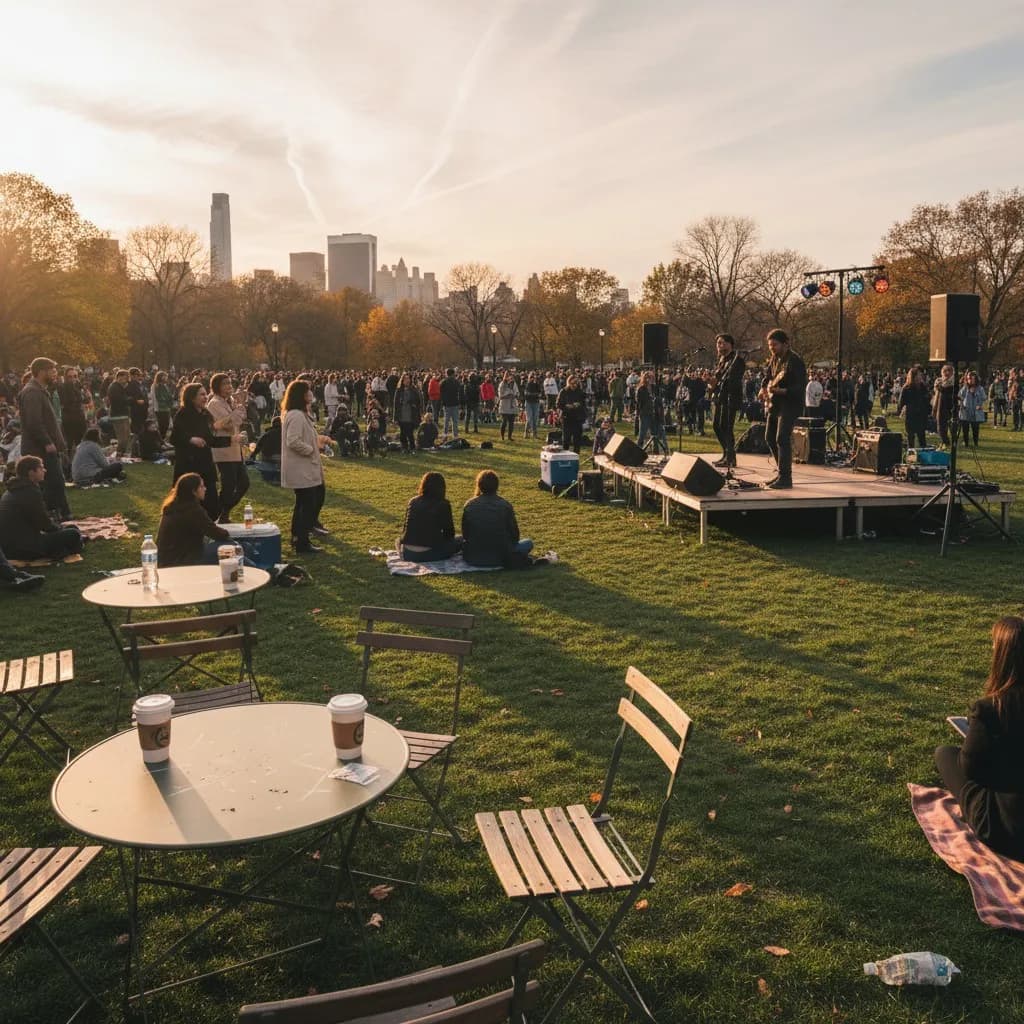A free outdoor live-music performance in a New York City park at golden hour.