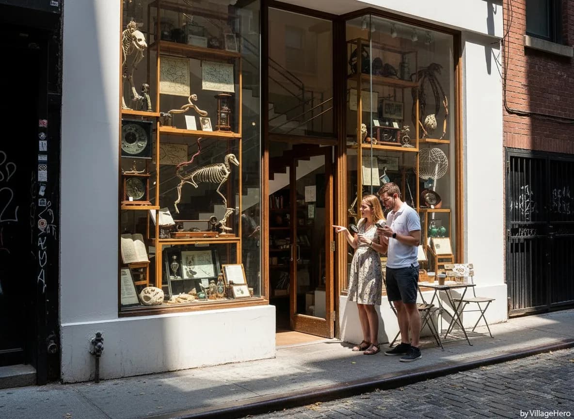 A tiny New York curiosity museum storefront on a narrow downtown alley.