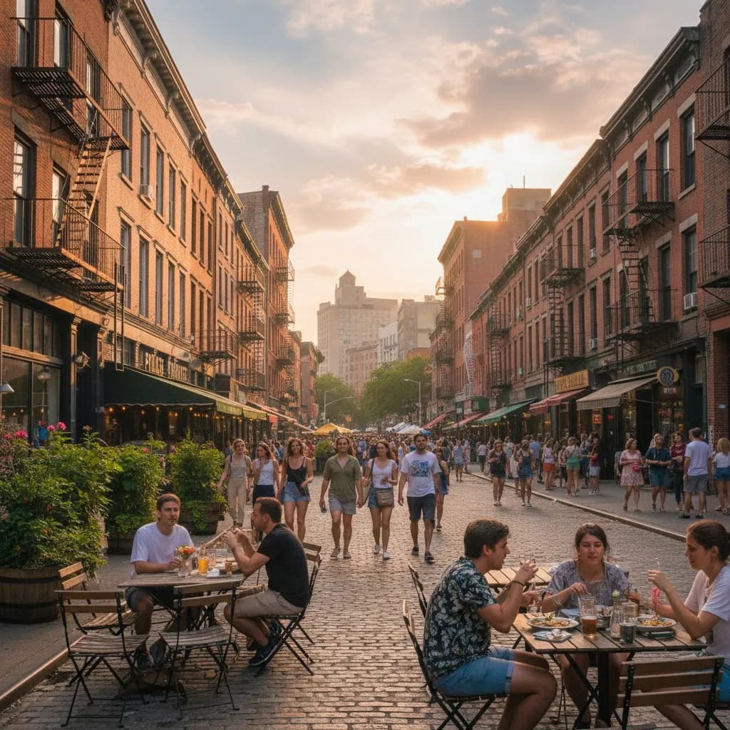 A Lower East Side summer street scene near a public market with brick storefronts.