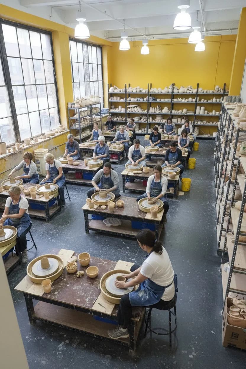 A bright New York pottery studio workshop with clay wheels and adult learners.