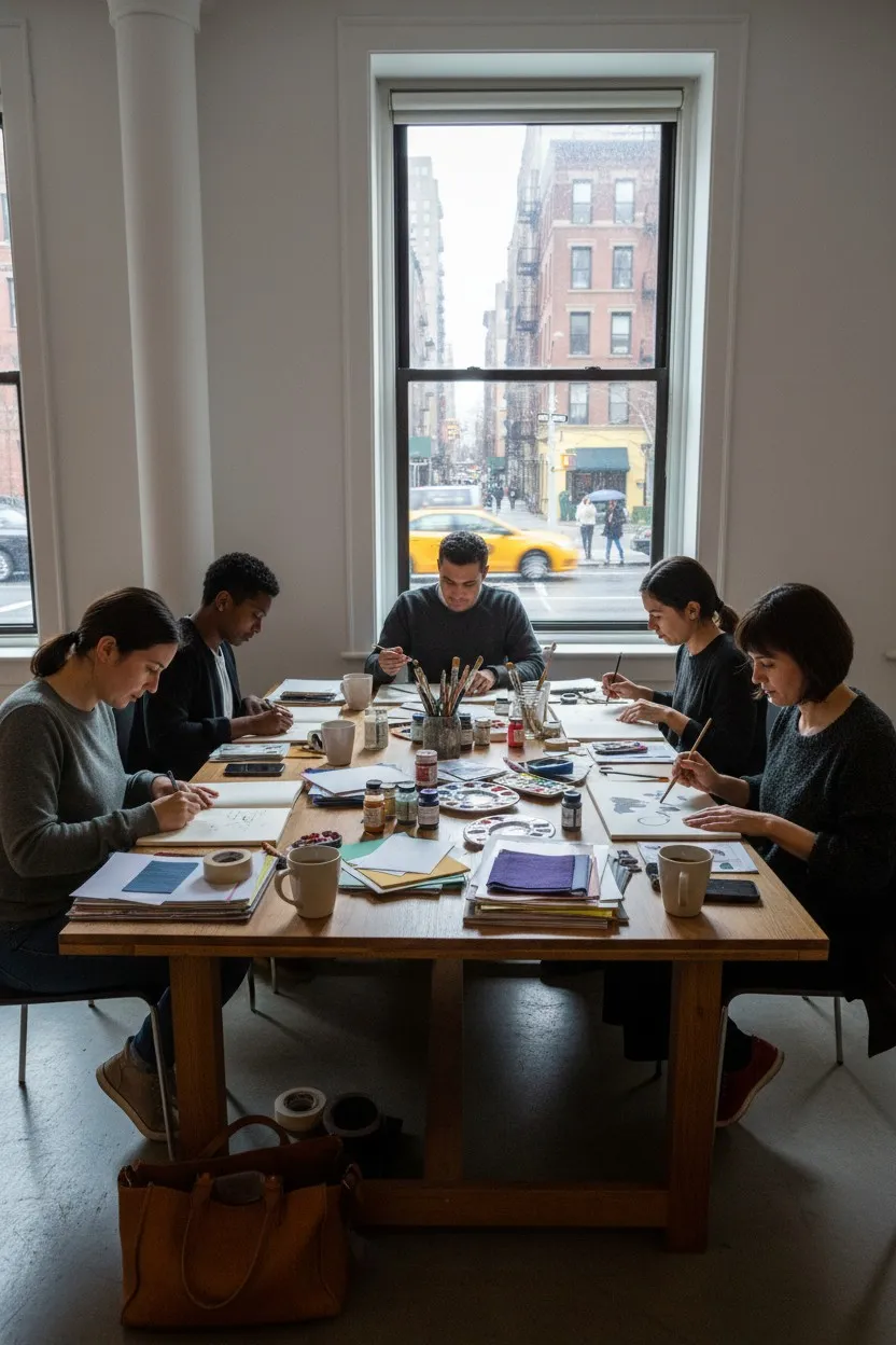 A Brooklyn creative workshop table with fabric swatches, paint brushes, paper, and coffee cups.