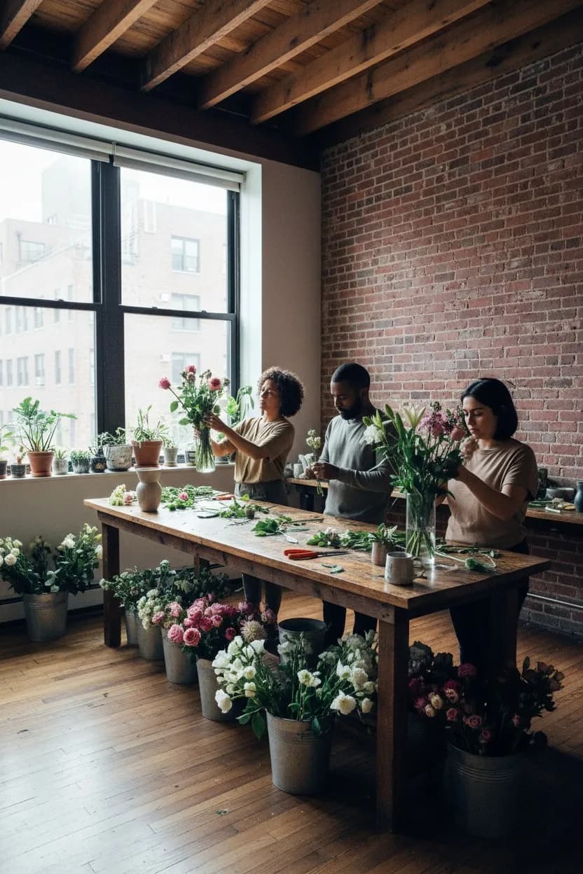 A floral-style creative workshop in a compact NYC studio with flowers and tools on a table.