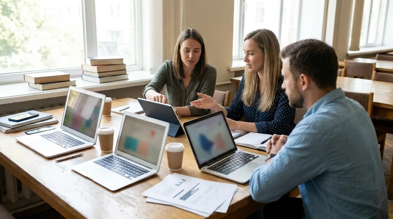 A photorealistic MagicSchool versus Karpo scenario illustrating a city-day example: teachers in town for ai professional learning