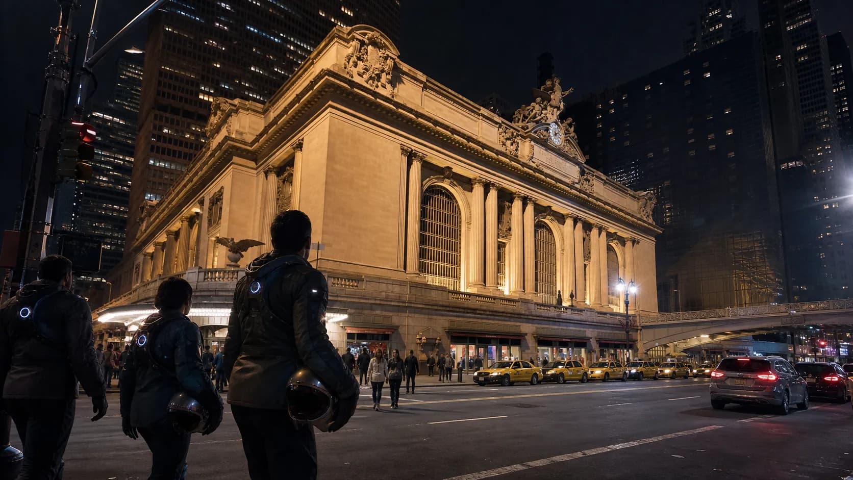 Moviegoers gather outside a large Times Square cinema for a sci-fi fan night in New York City.
