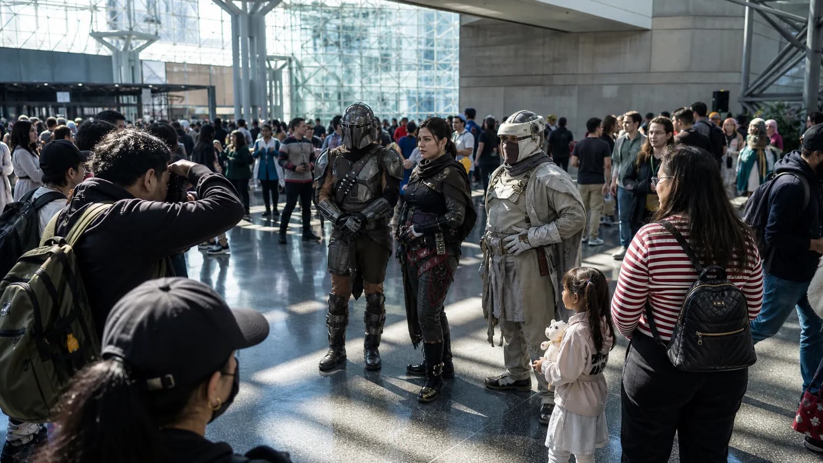 Cosplayers and fans move through a wide convention concourse at the Javits Center in New York City.