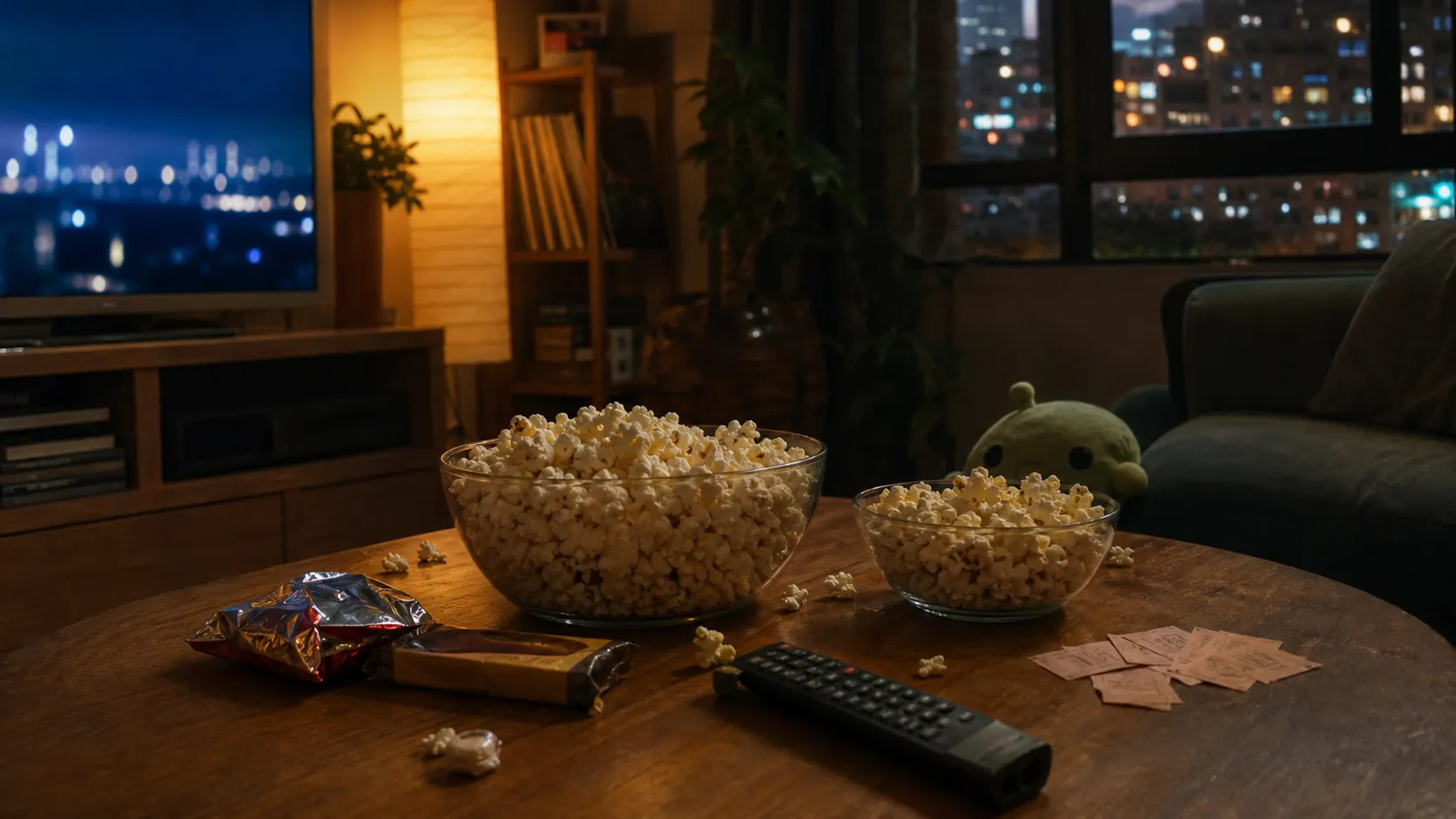 A New York apartment coffee table set for a cozy sci-fi movie watch party with popcorn and snacks.