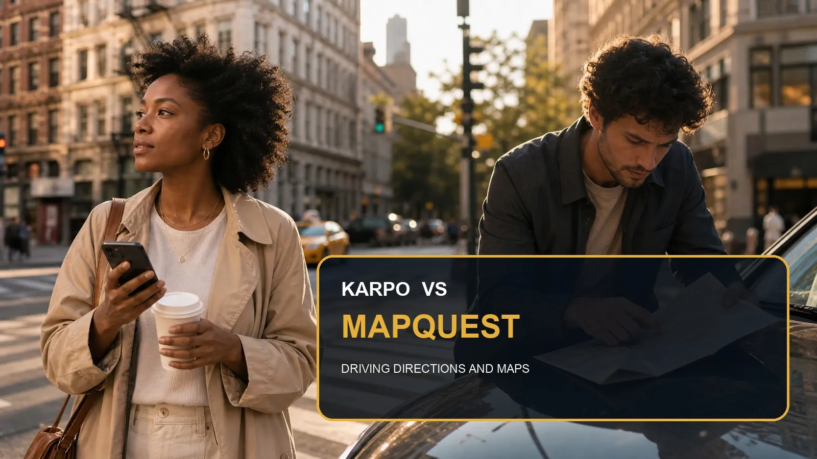 Karpo versus MapQuest in a photorealistic editorial city comparison.