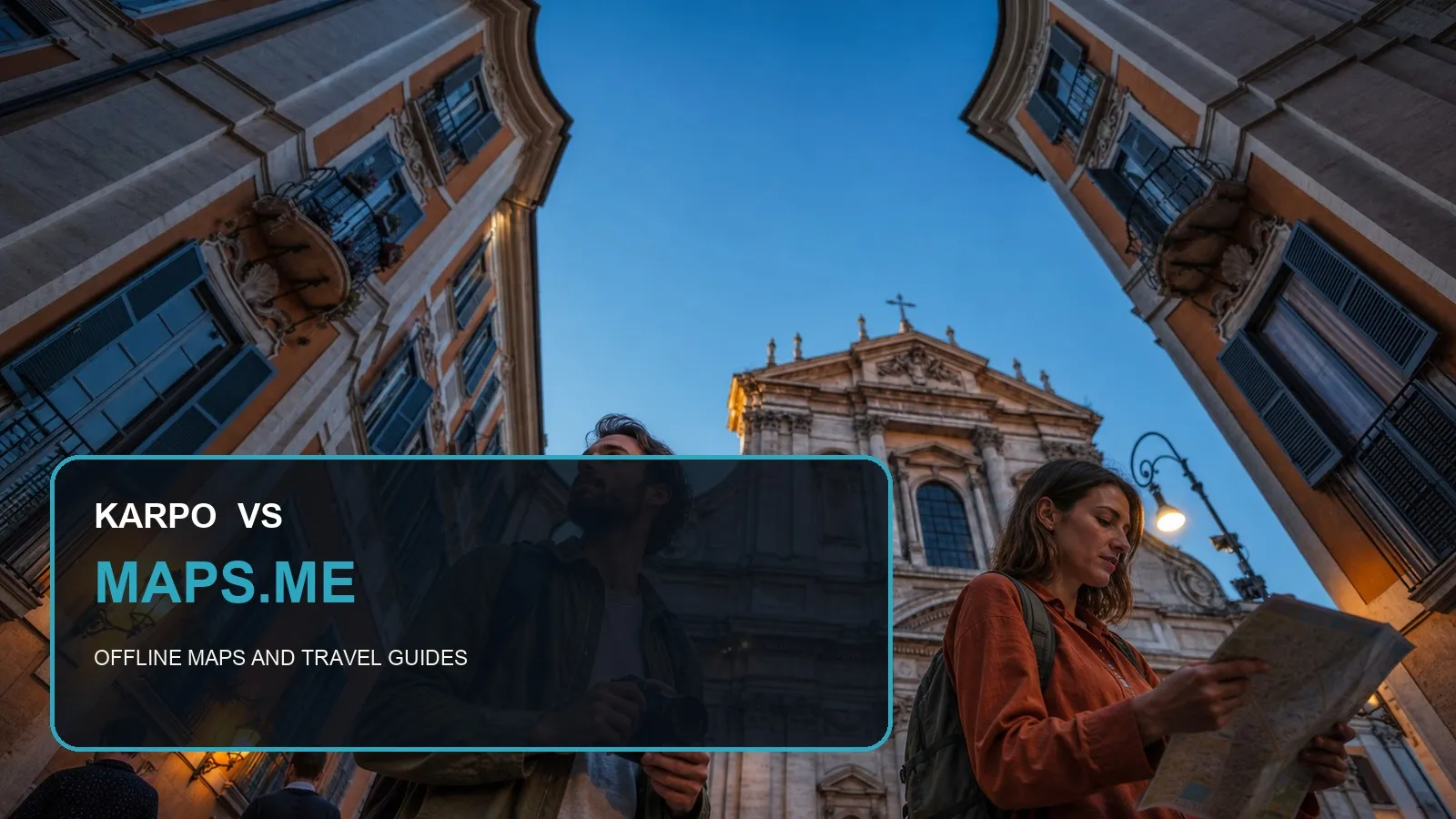 Karpo versus MAPS.ME in a photorealistic editorial city comparison.