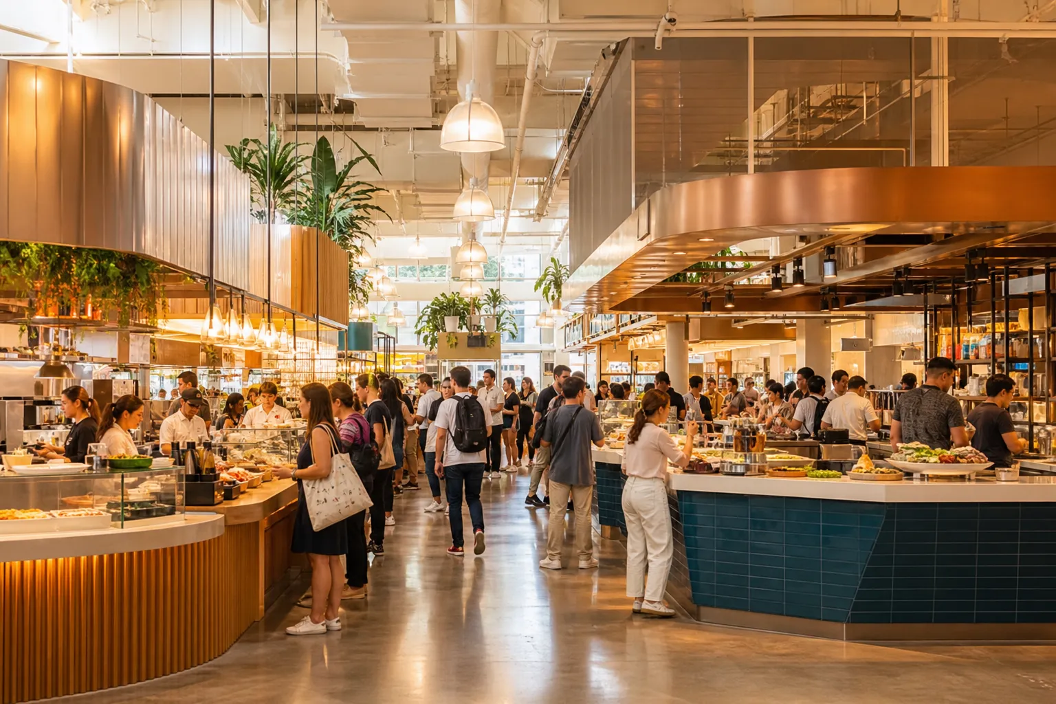 A bright NYC market hall snack court with people choosing food