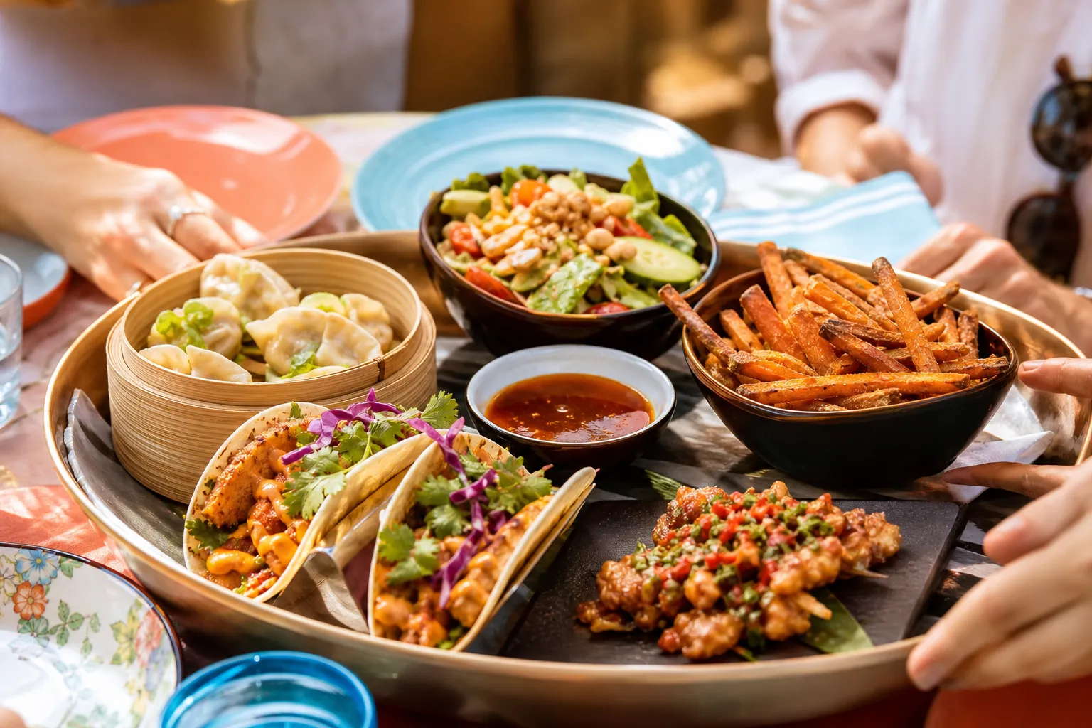 A colorful shared snack tray on a casual market table