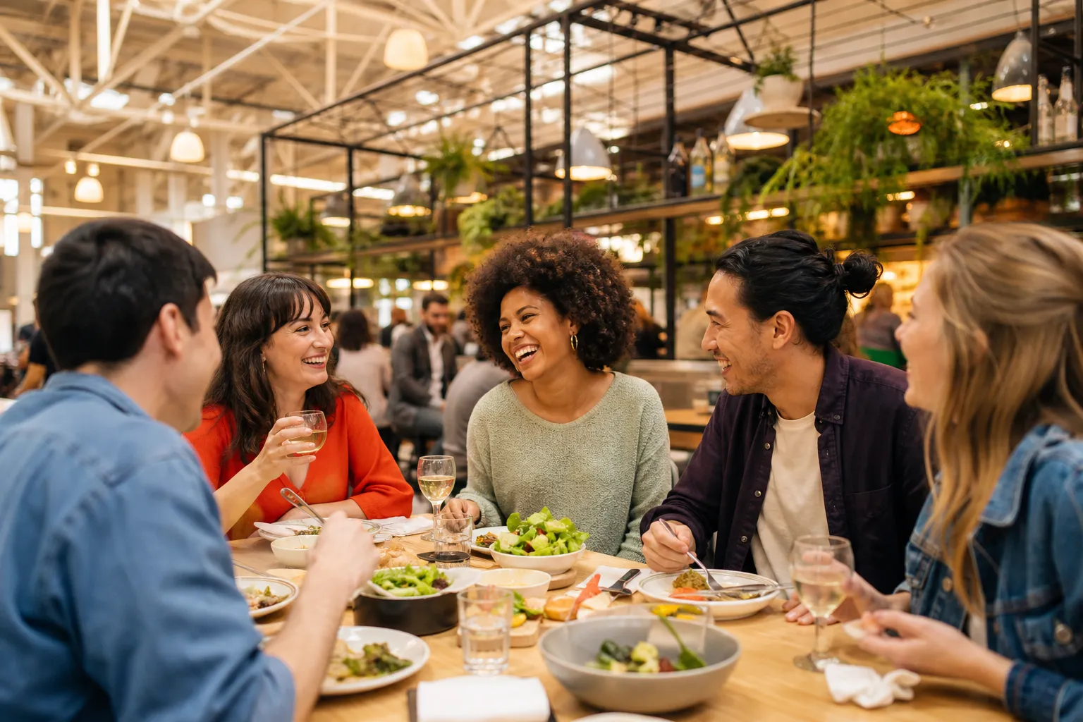 A group seated at a communal market hall table