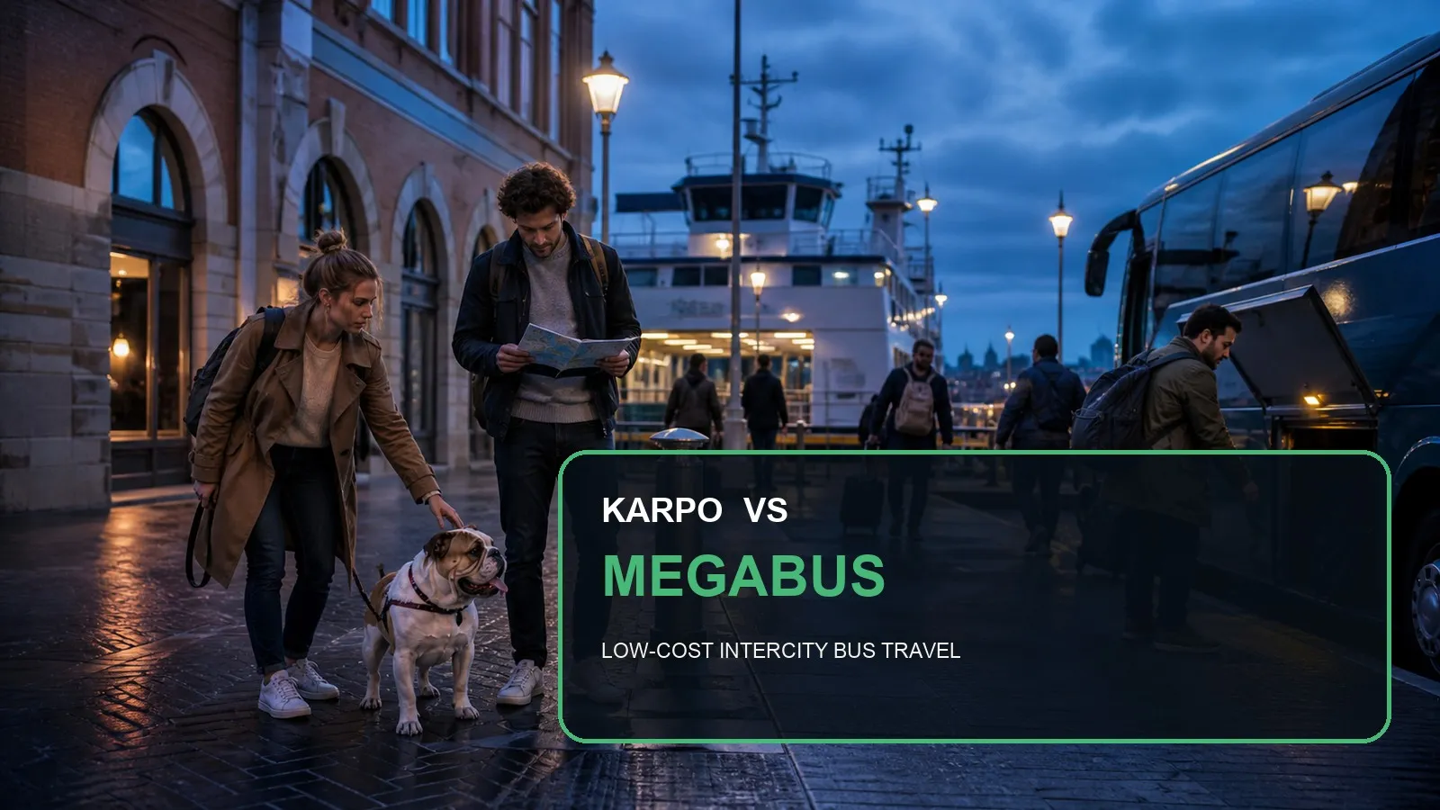 Karpo versus Megabus in a photorealistic editorial comparison.